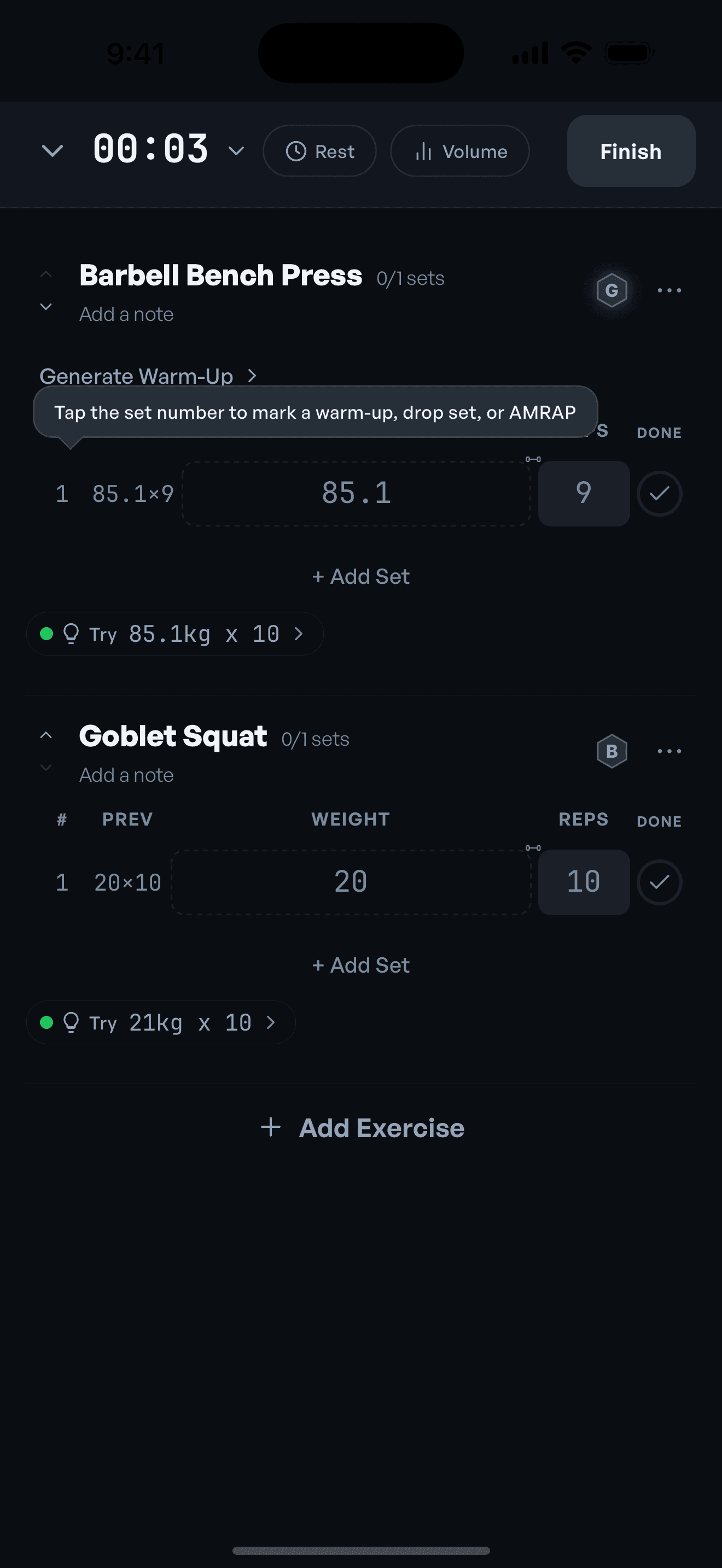 Live workout logging with progressive-overload targets